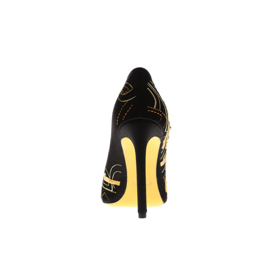Women black silk leather heels | black embroidery silk leather heels
