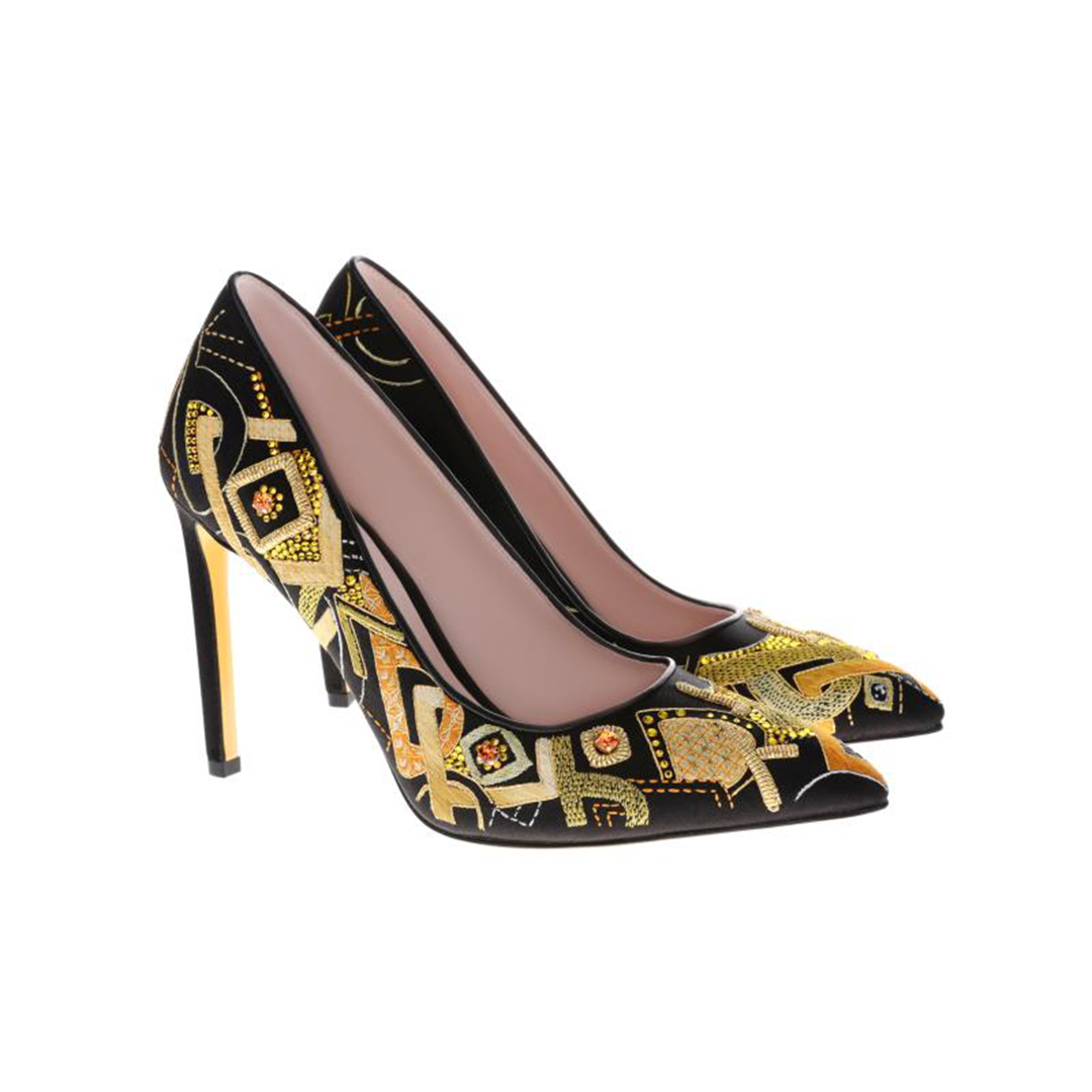Women black silk leather heels | black embroidery silk leather heels