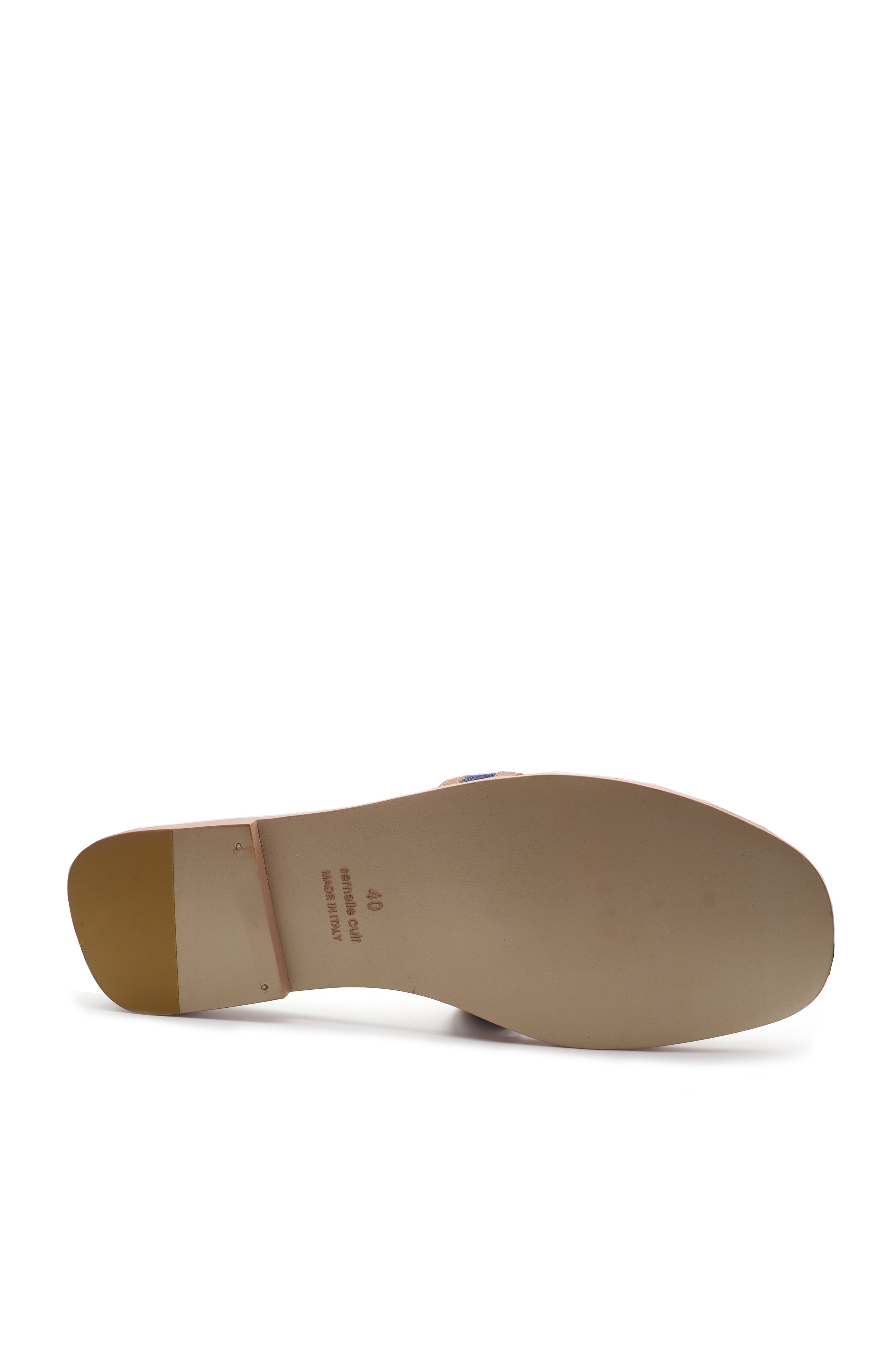 Brown and blue cowhide and canvas leather slippers