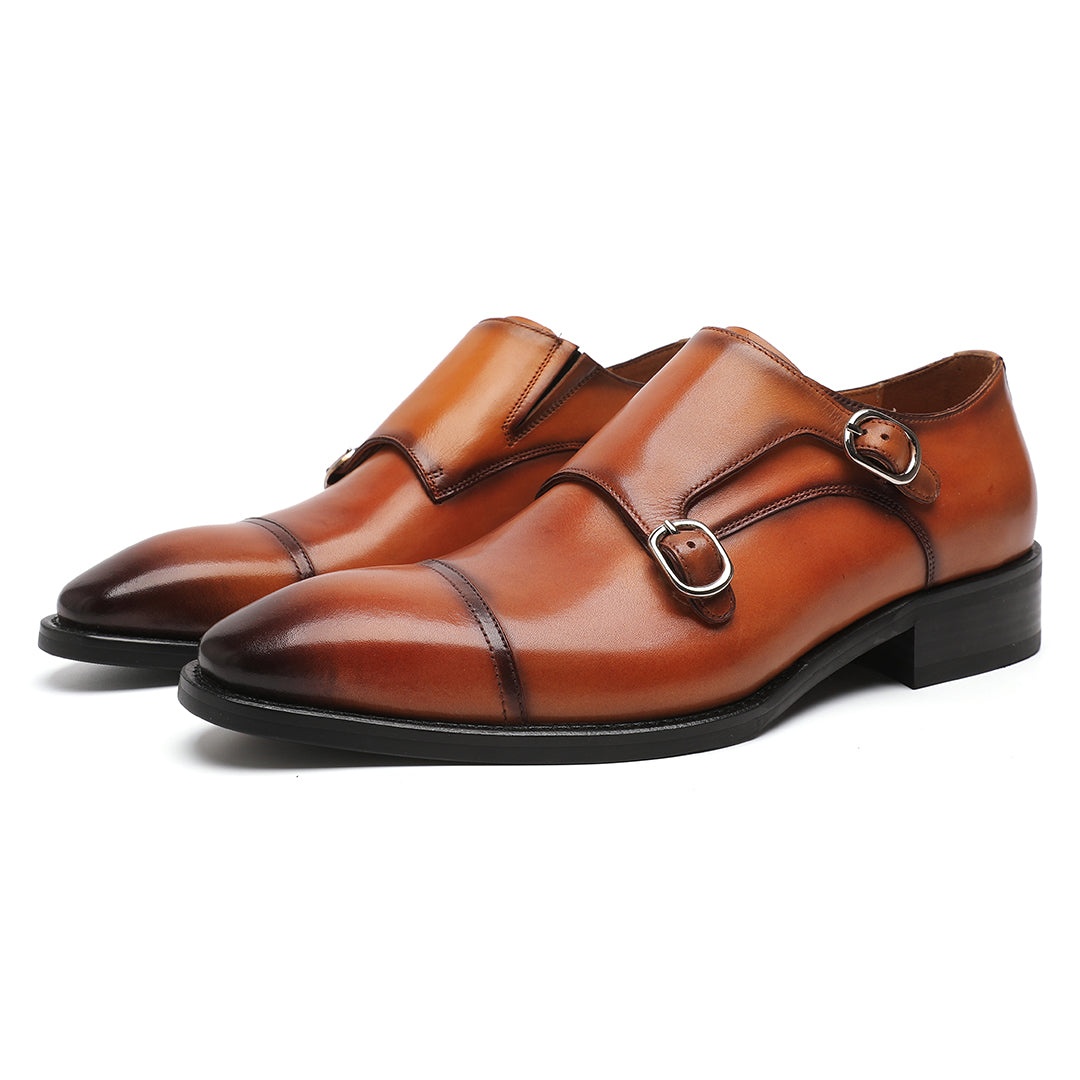 Men's Cognac Brown Cowhide Cap Toe Monk Strap Loafer