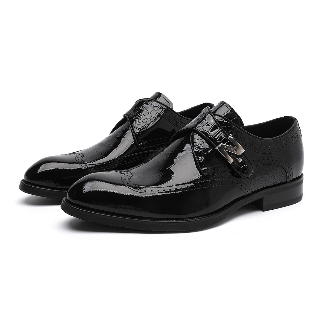 Men's Black Shiny Patent Leather Loafer | Monk Strap Pointed Toe