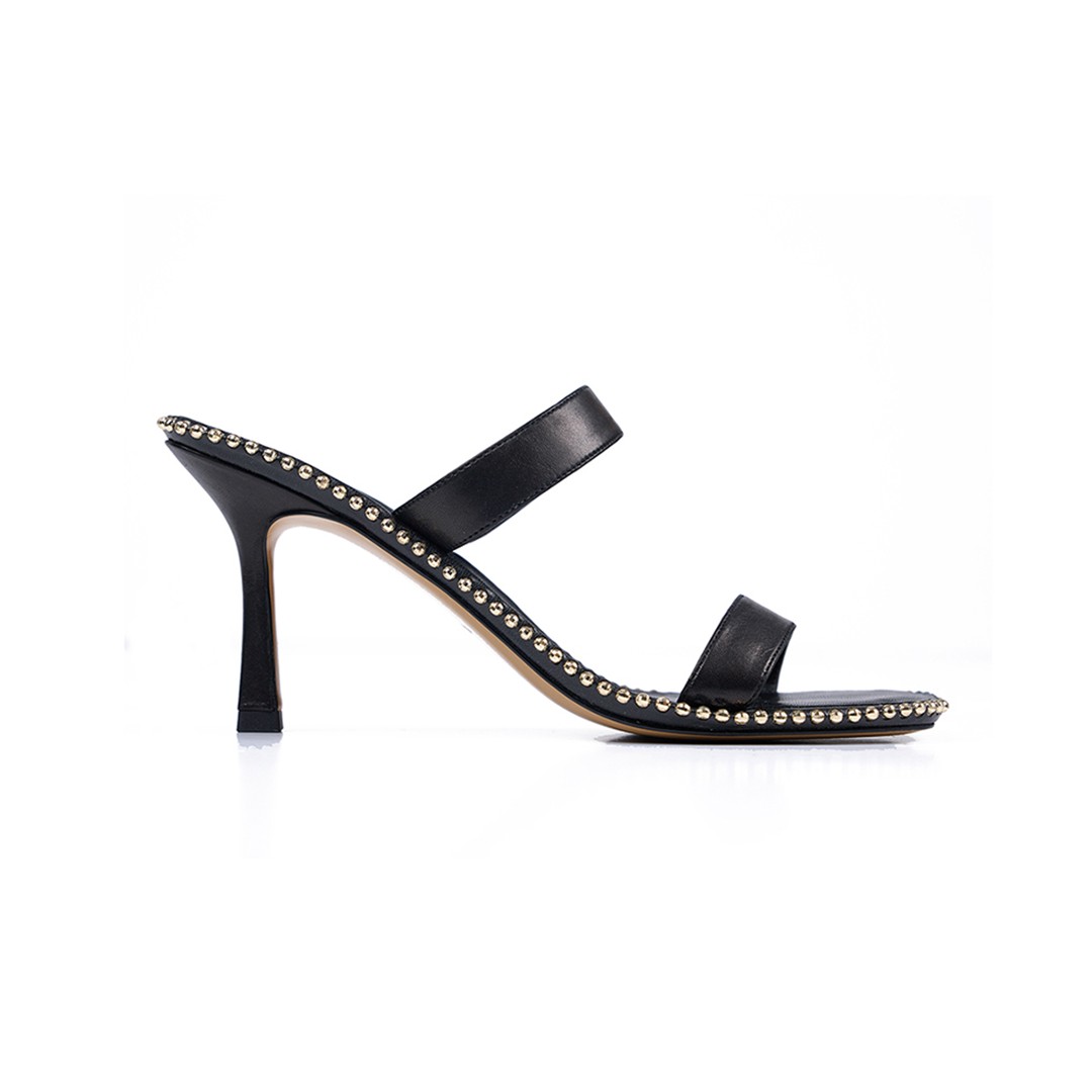 LILIA Black Nappa Leather | Black Square Toe Block High Heels - VHNY 