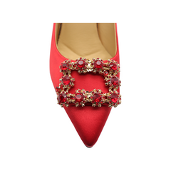 Red Belt Diamond Silk Leather Pointy Toe Heels: Make a Fashion Statement
