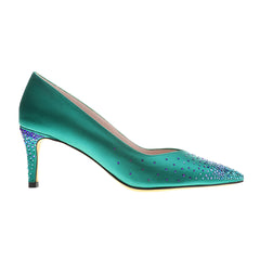 Women's  green  silk leather heels | Green  silk leather with Swarovski crystal pointed  toe Heels