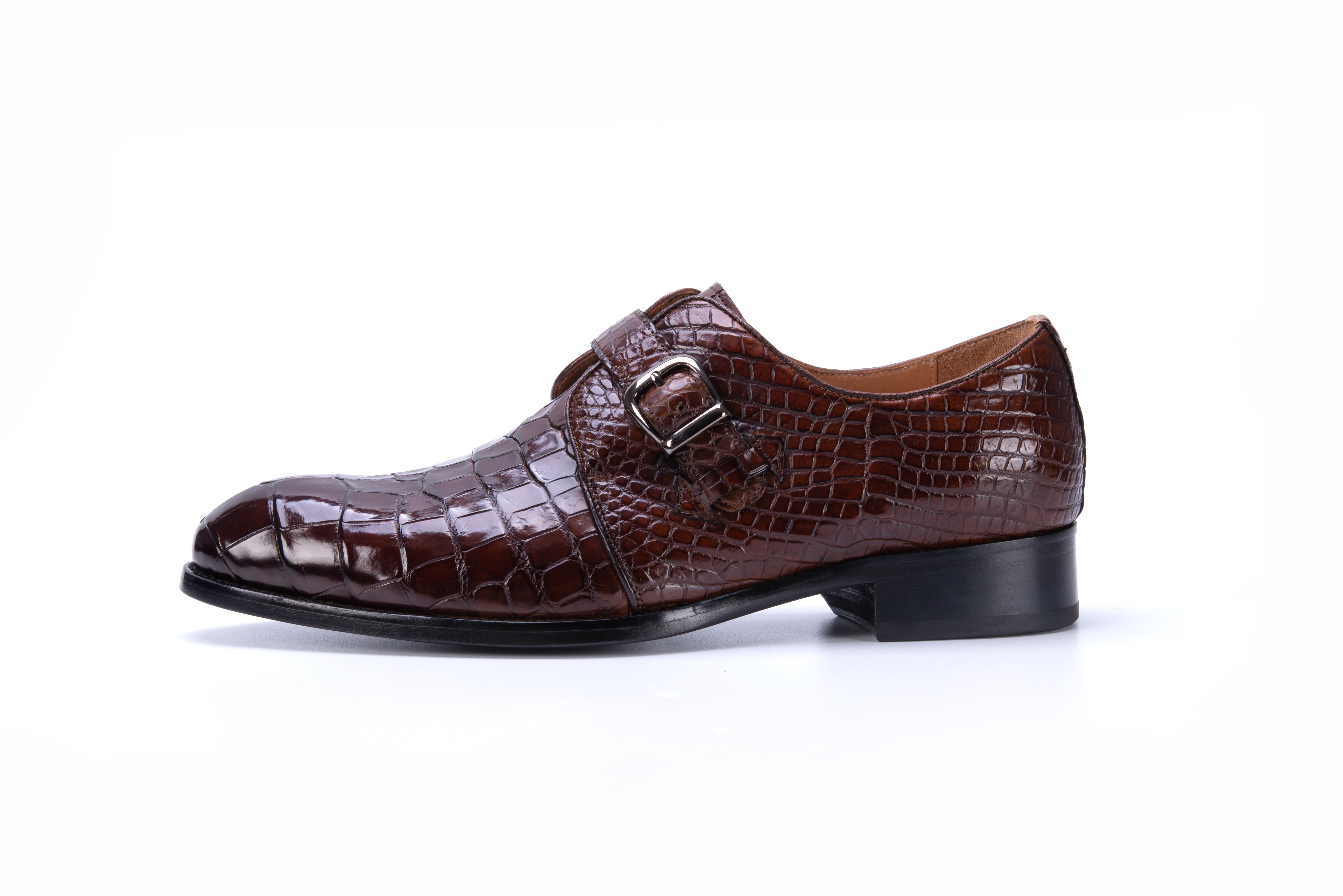 BROWN ALLIGATOR SINGLE MONK STRAP SHOES