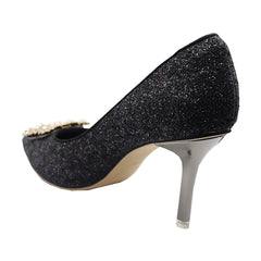 Stylish Black Gretel Leather Glittery Pointy Toe Heels