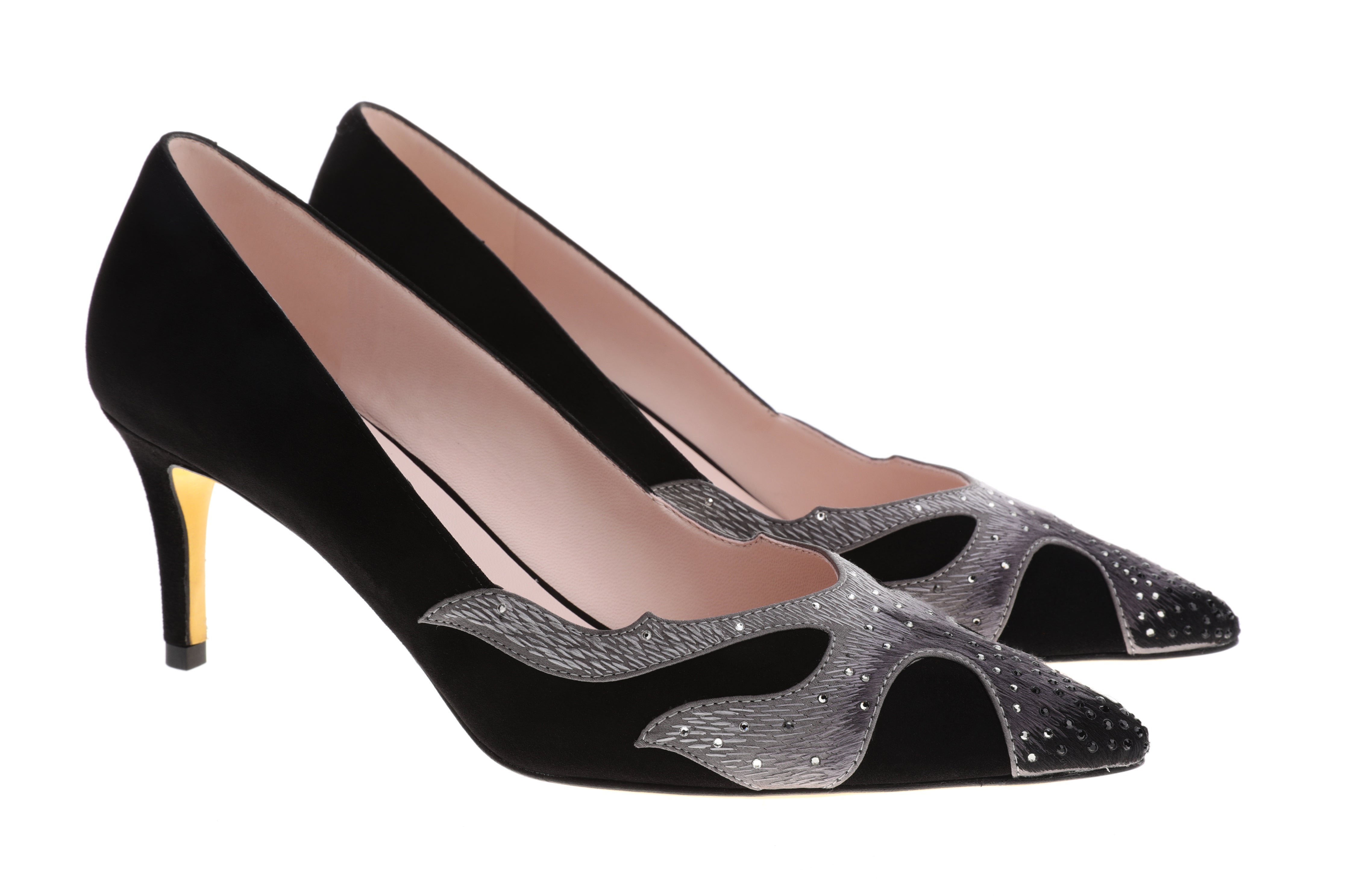 Women's Black Silvery Bonfire  Imported Suede Comfort meets Gray Gradient Embroidery and Shiny Crystal Accents Pointed Heels