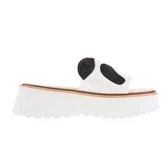 women black and white sheepskin shoes | Black crystal Panda Sandal