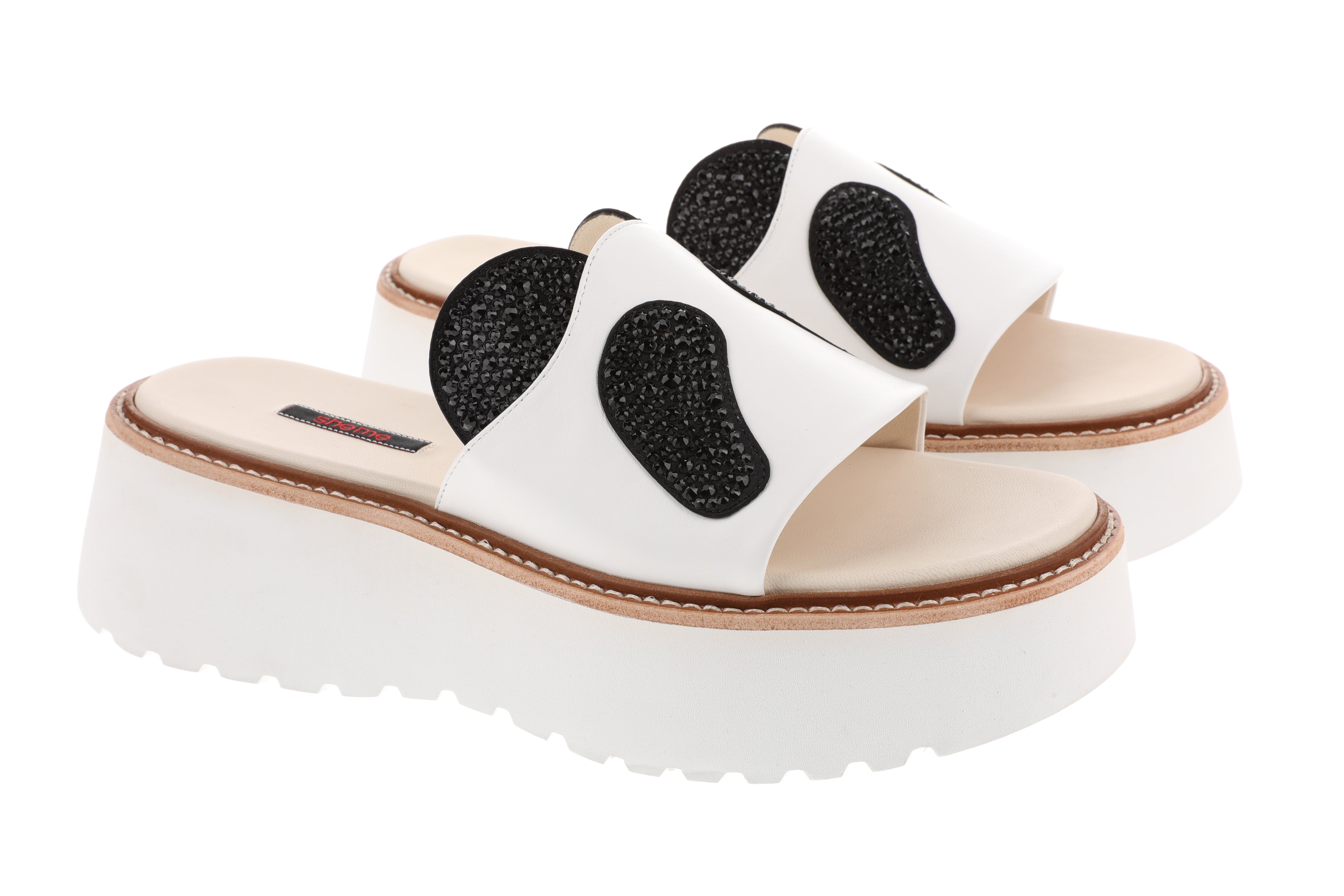 women black and white sheepskin shoes | Black crystal Panda Sandal