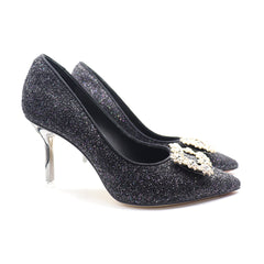 Stylish Black Gretel Leather Glittery Pointy Toe Heels