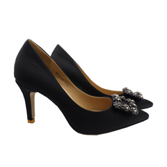 Black Belt Diamond Silk Leather Pointy Toe Heels: Make a Fashion Statement