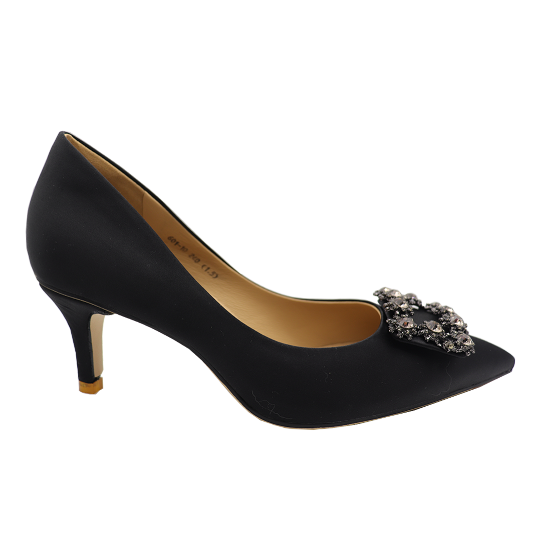 Black Belt Diamond Silk Leather Pointy Toe Low Heeled Shoes A Comfort