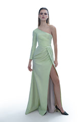 Vivienne Hu Pistachio Asymmetric Silk Taffeta Bustier Gown