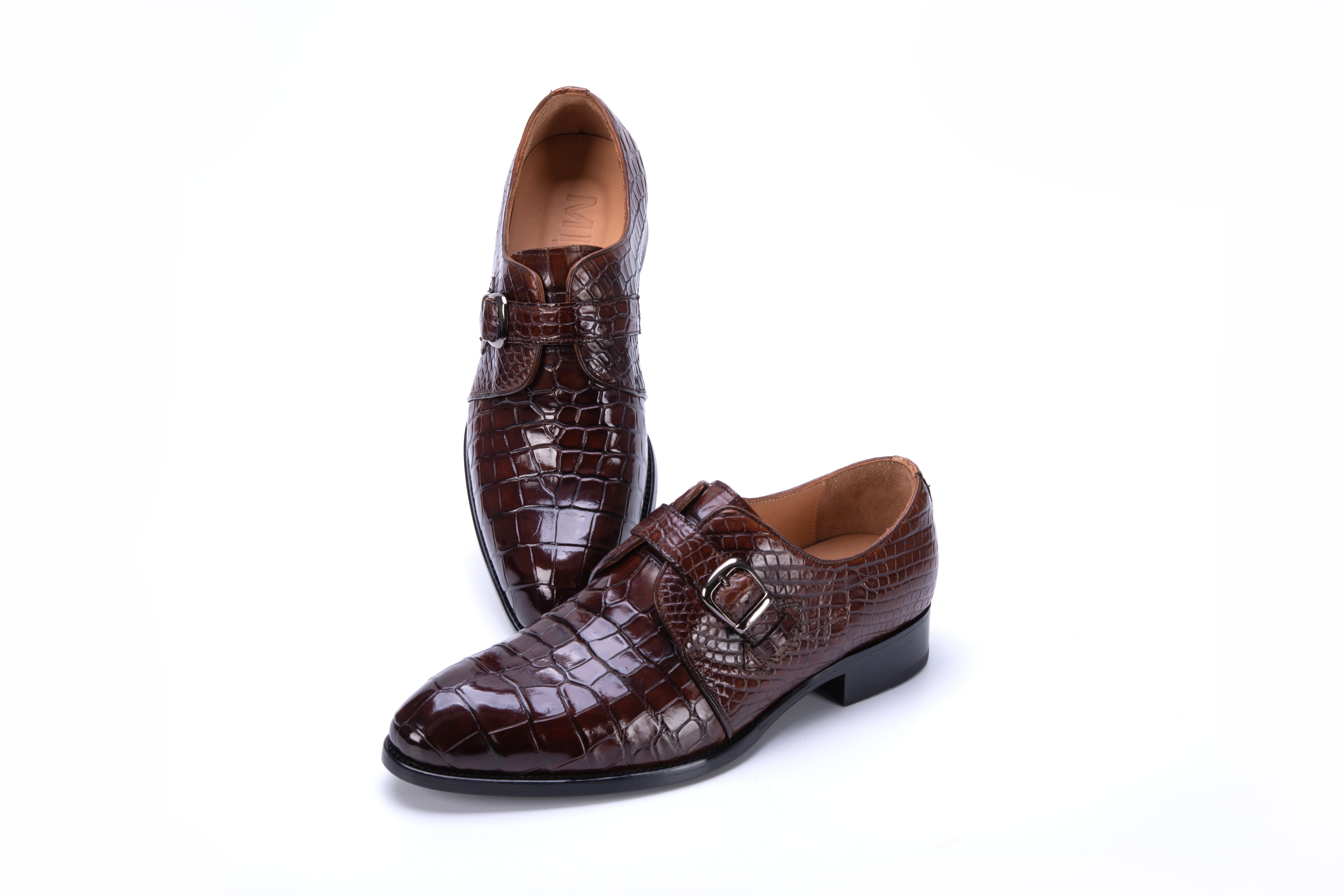 BROWN ALLIGATOR SINGLE MONK STRAP SHOES