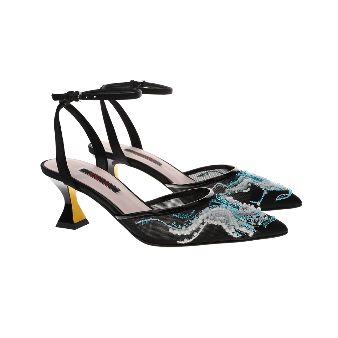 women black silk leather heel |  Hulda black silk leather Low heel
