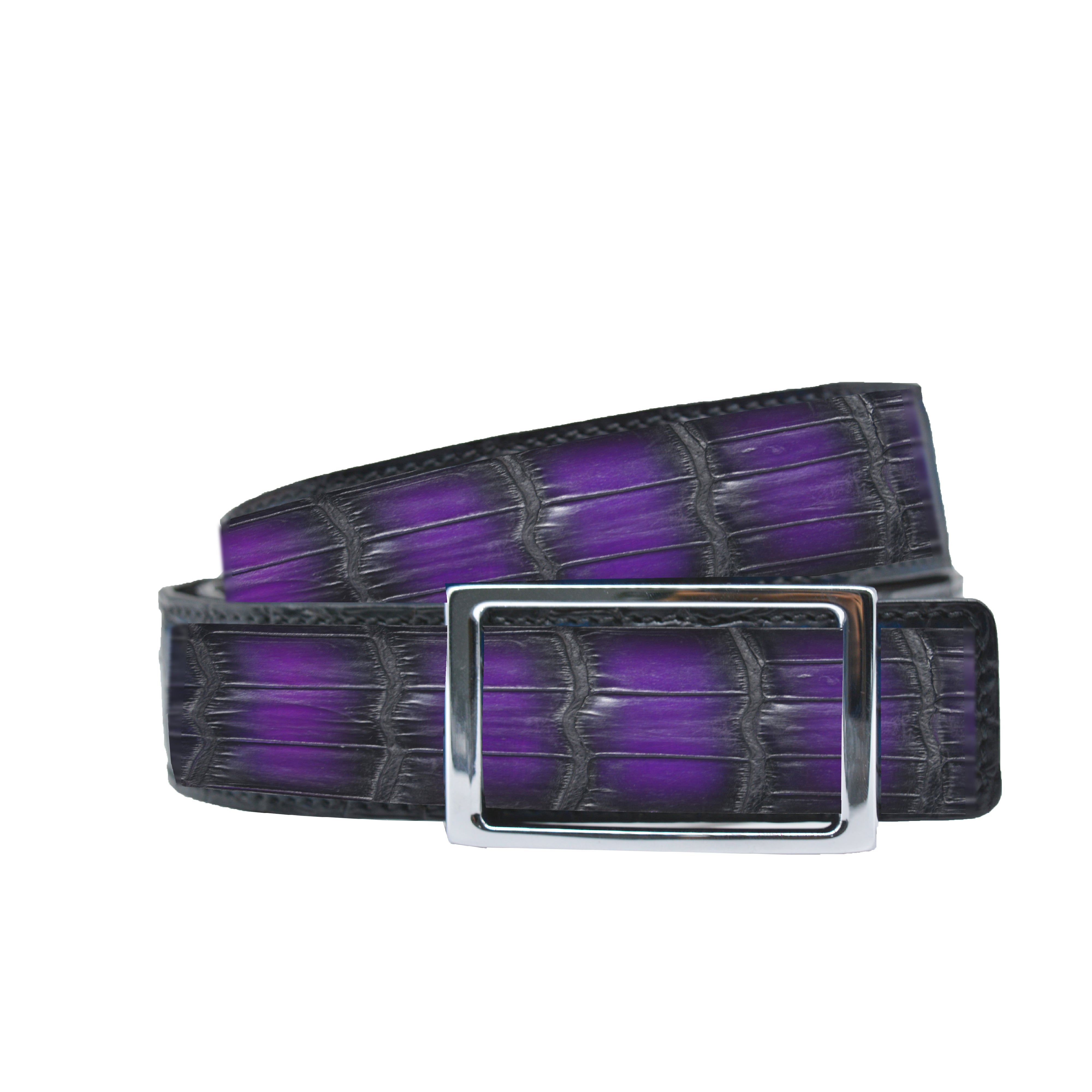 Reversible double alligator leather purple and orange belt