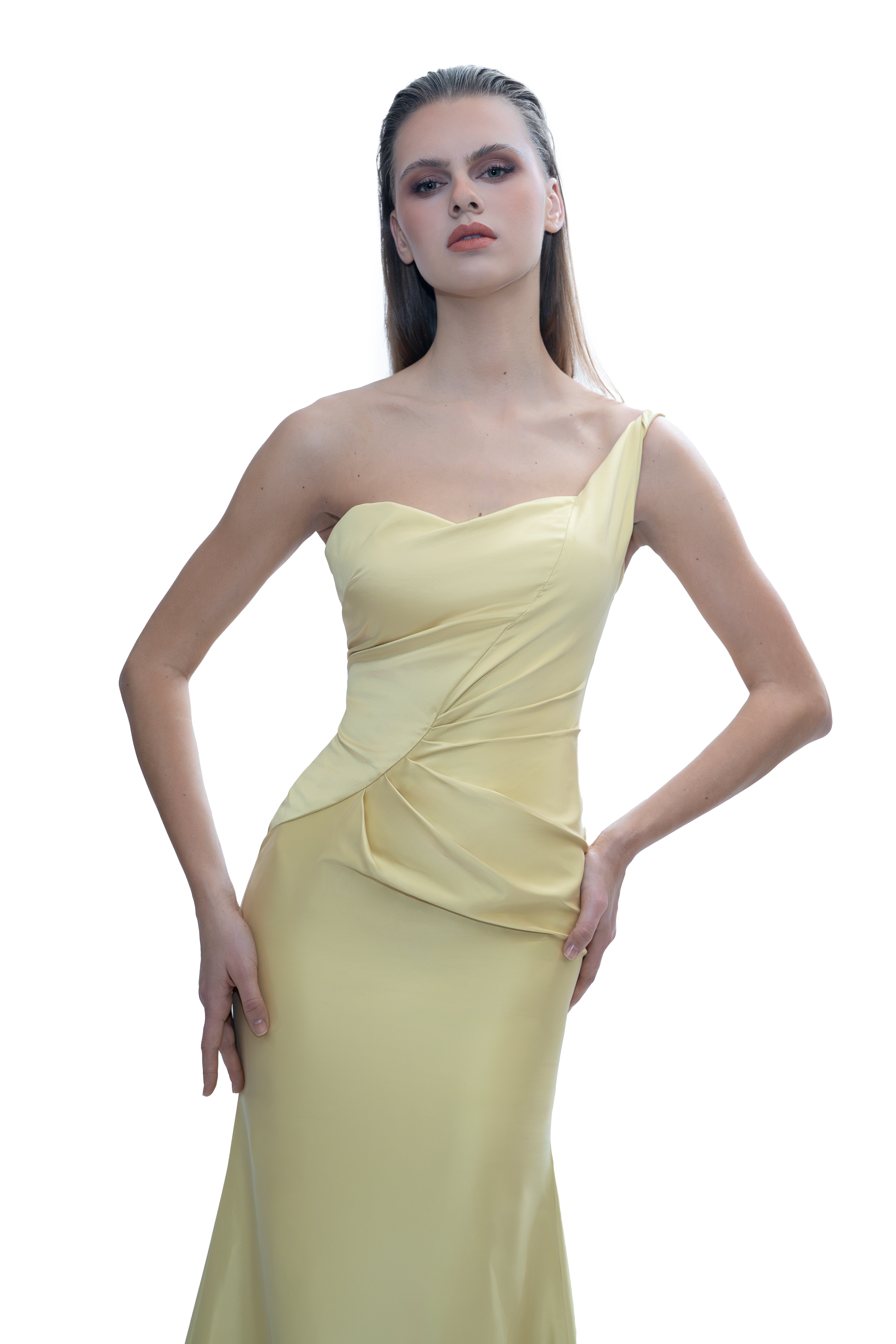 Vivienne Hu Asymmetric Draped Silk Evening Gown in Citrine Yellow 12
