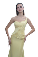 Vivienne Hu Asymmetric Draped Silk Evening Gown in Citrine Yellow