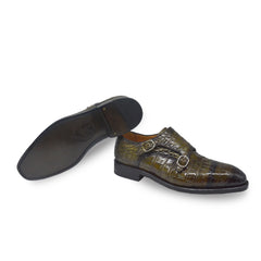 Olive Green Alligator Double Monk Goodyear Welt Loafers