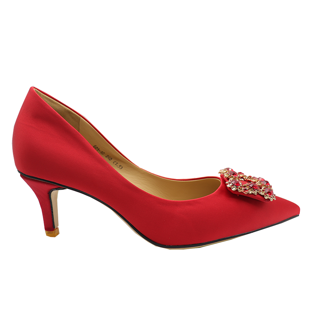 Red Belt Diamond Silk Leather Pointy Toe Low-Heeled Shoes