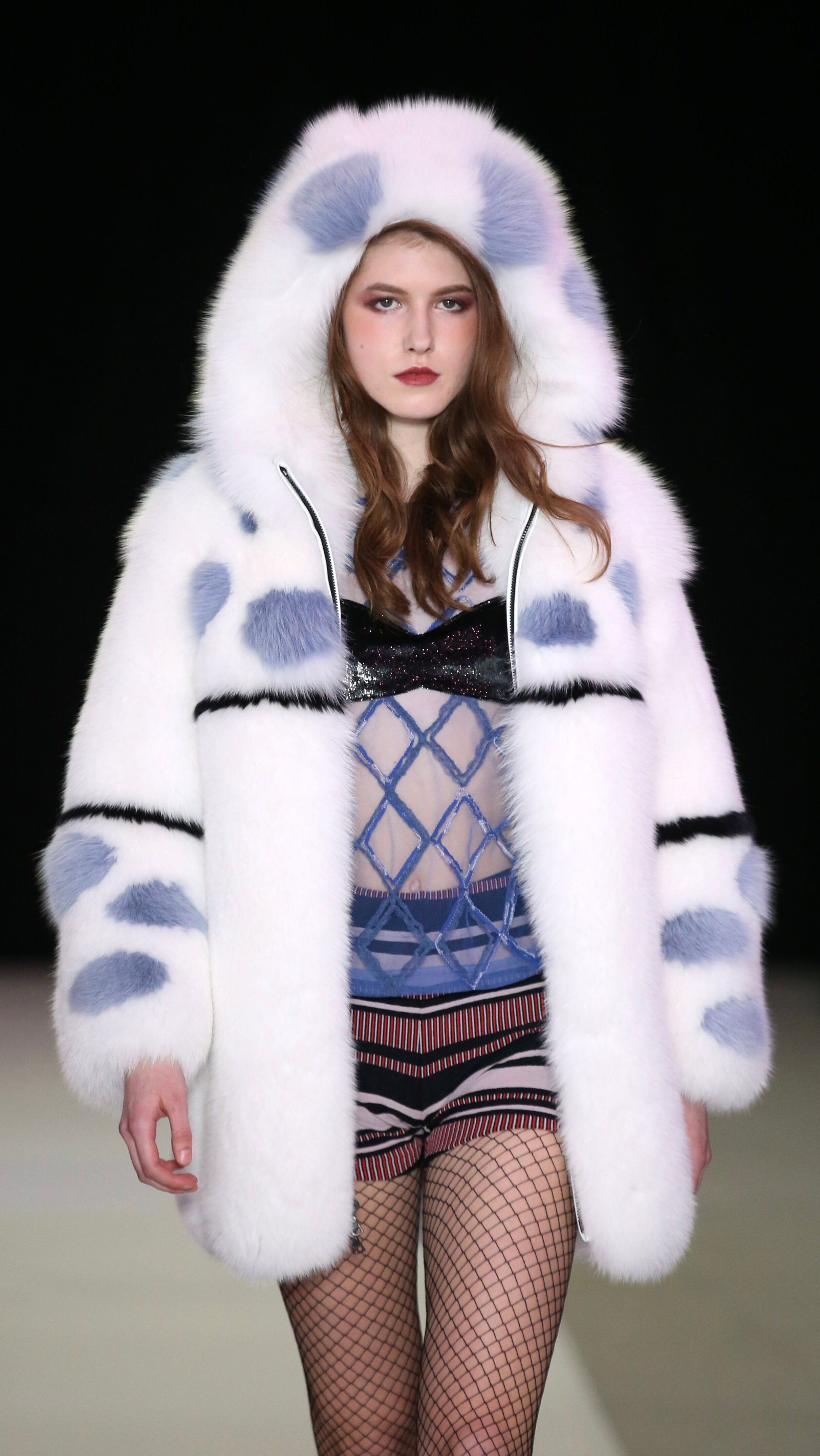 White and Blue Patterned Fox Fur Coat with Oversized Hood