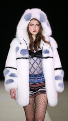 White and Blue Patterned Fox Fur Coat with Oversized Hood