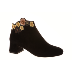Women black suede leather ankle boots｜Women black embroidery suede leather pointed toe ankle boots