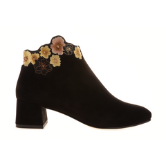 Women black suede leather ankle boots｜Women black embroidery suede leather pointed toe ankle boots