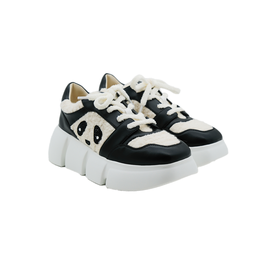 Men’s black Sheepskin and anti-cashmere leather sneaker ｜ black Panda pattern Sheepskin and anti-cashmere leather sneaker