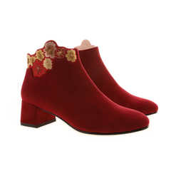 Women red suede leather ankle boots｜Women red embroidery suede leather pointed toe ankle boots