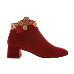 Women red suede leather ankle boots｜Women red embroidery suede leather pointed toe ankle boots