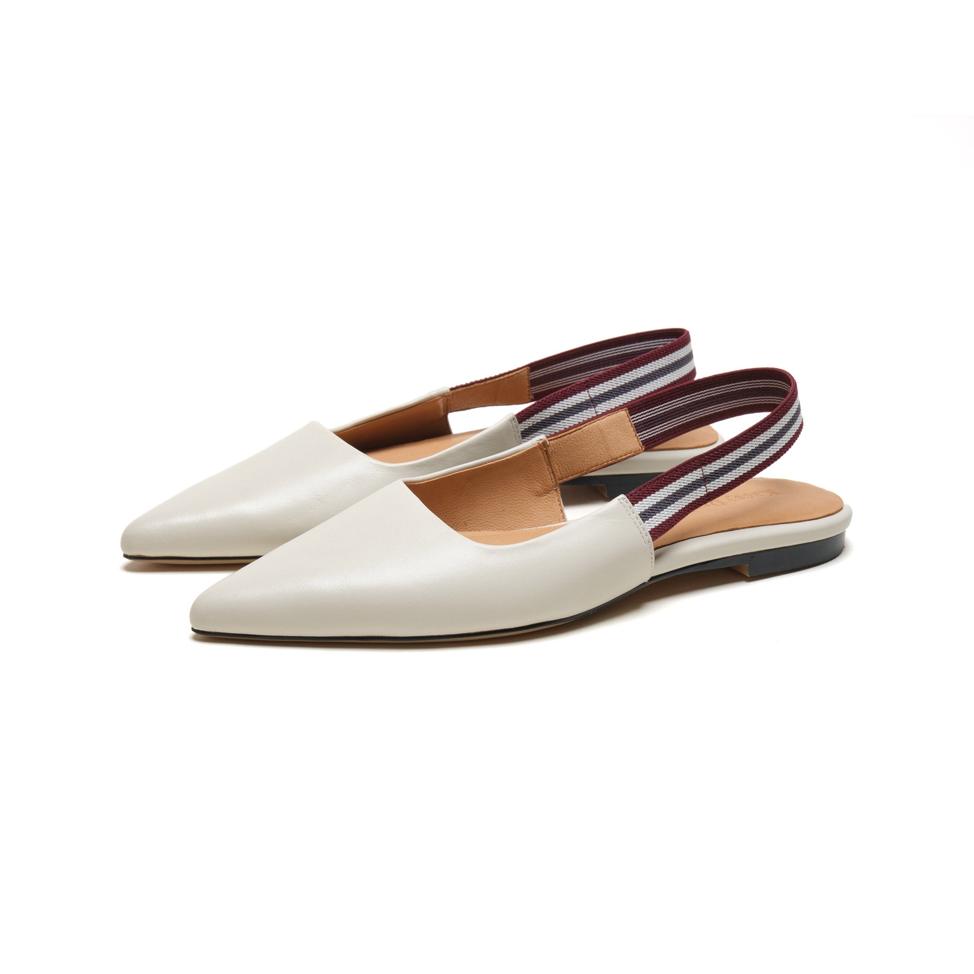 Women's white pointy flats with trip straps