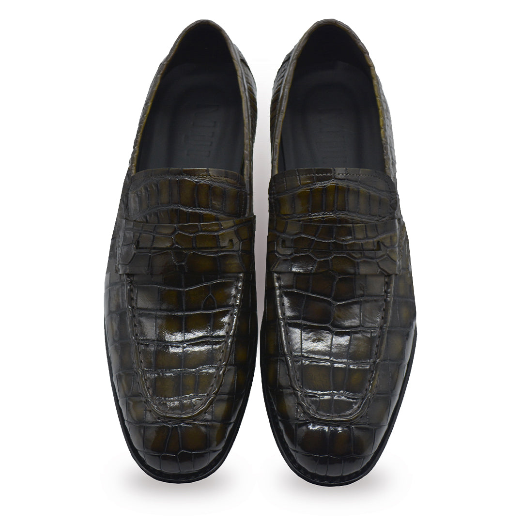 Men's alligator Black green classic penny loafers