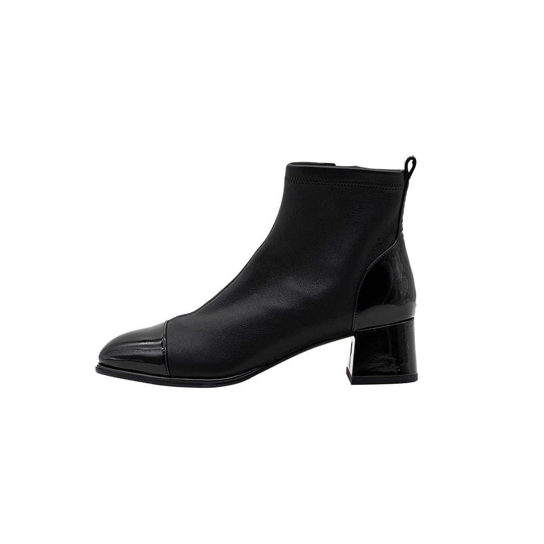 Women black sheepskin and Patent leather ankle boots｜Women black simple sheepskin and Patent leather Side zipper ankle boots