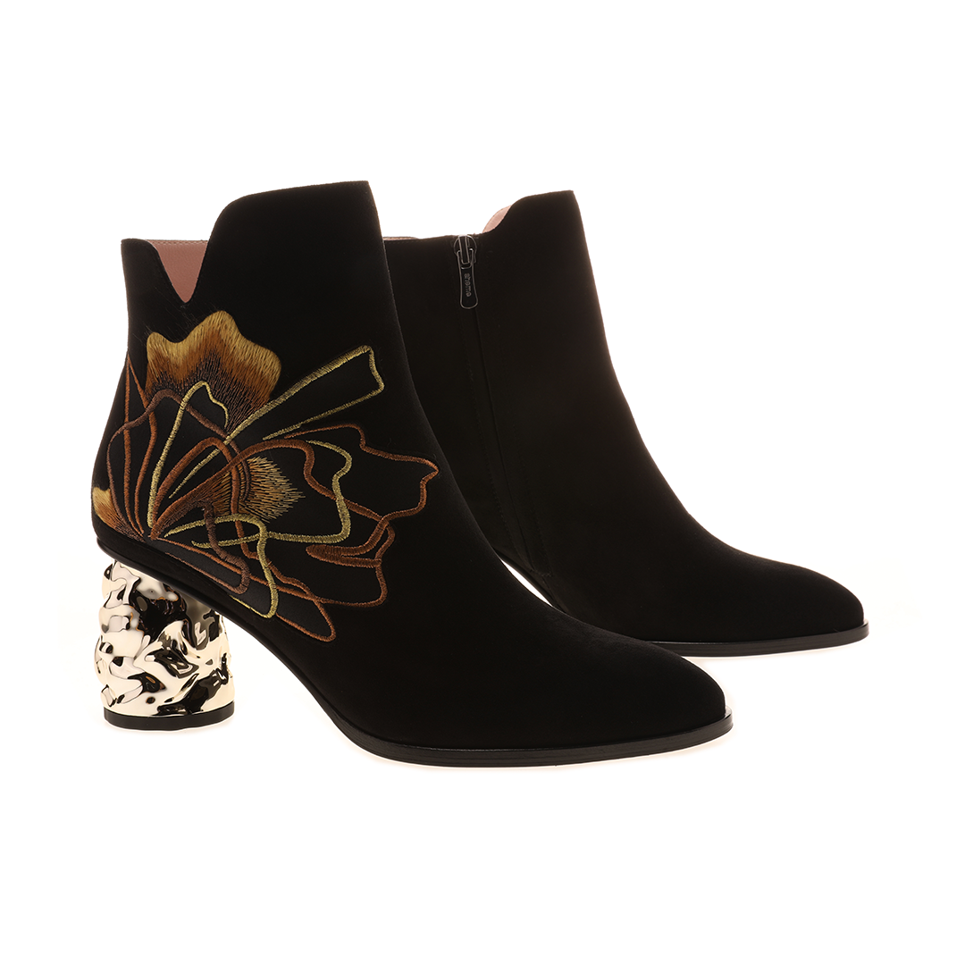 Women black suede leather ankle boots｜Women black embroidery suede leather Special heel ankle boots