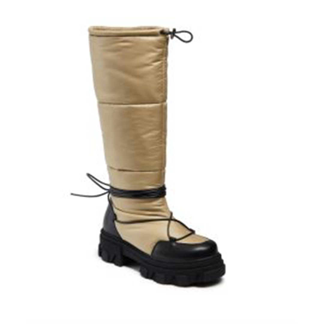 Women's brown buckskin platform knee-high boots with strap