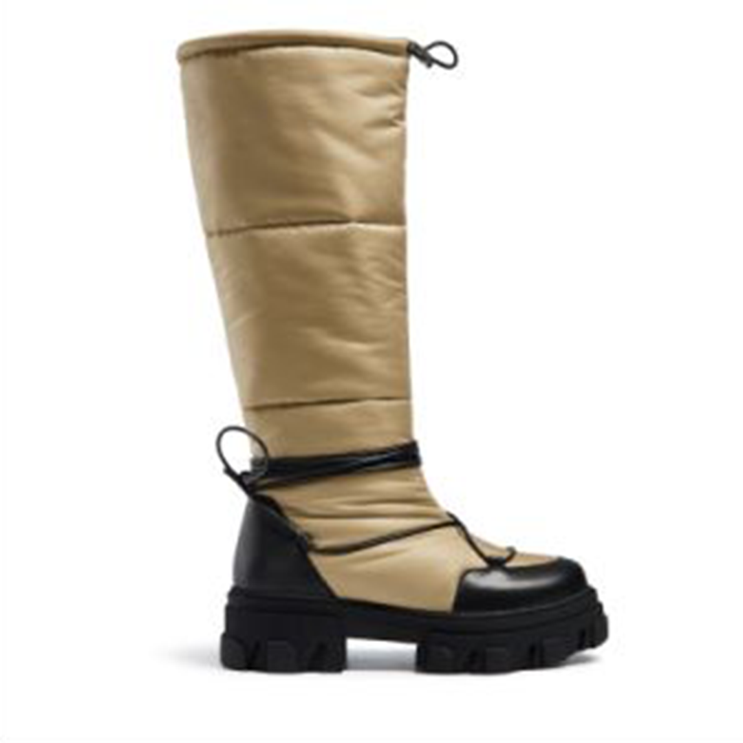 Women's brown buckskin platform knee-high boots with strap