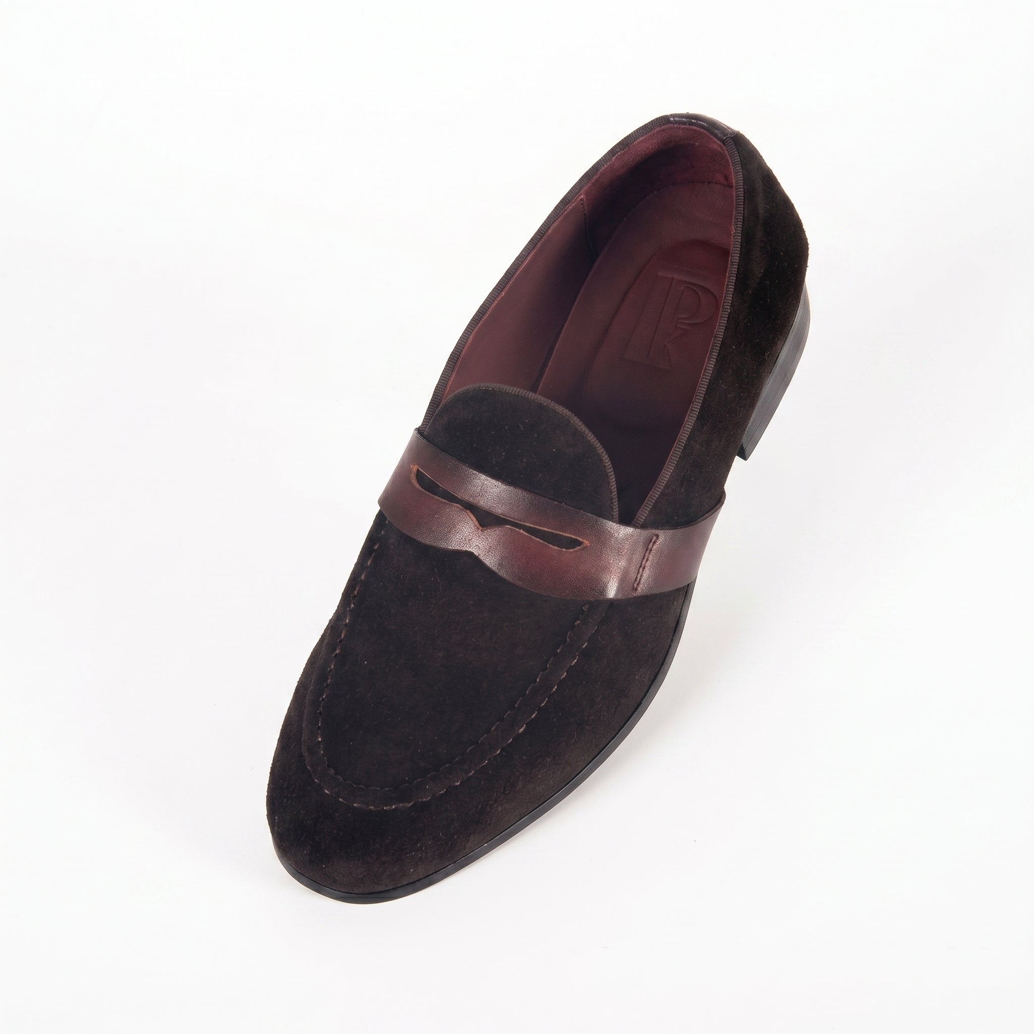 Men's Dark Espresso Suede Penny Loafers | Smooth Leather Strap