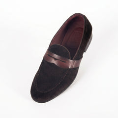 Men's Dark Espresso Suede Penny Loafers | Smooth Leather Strap