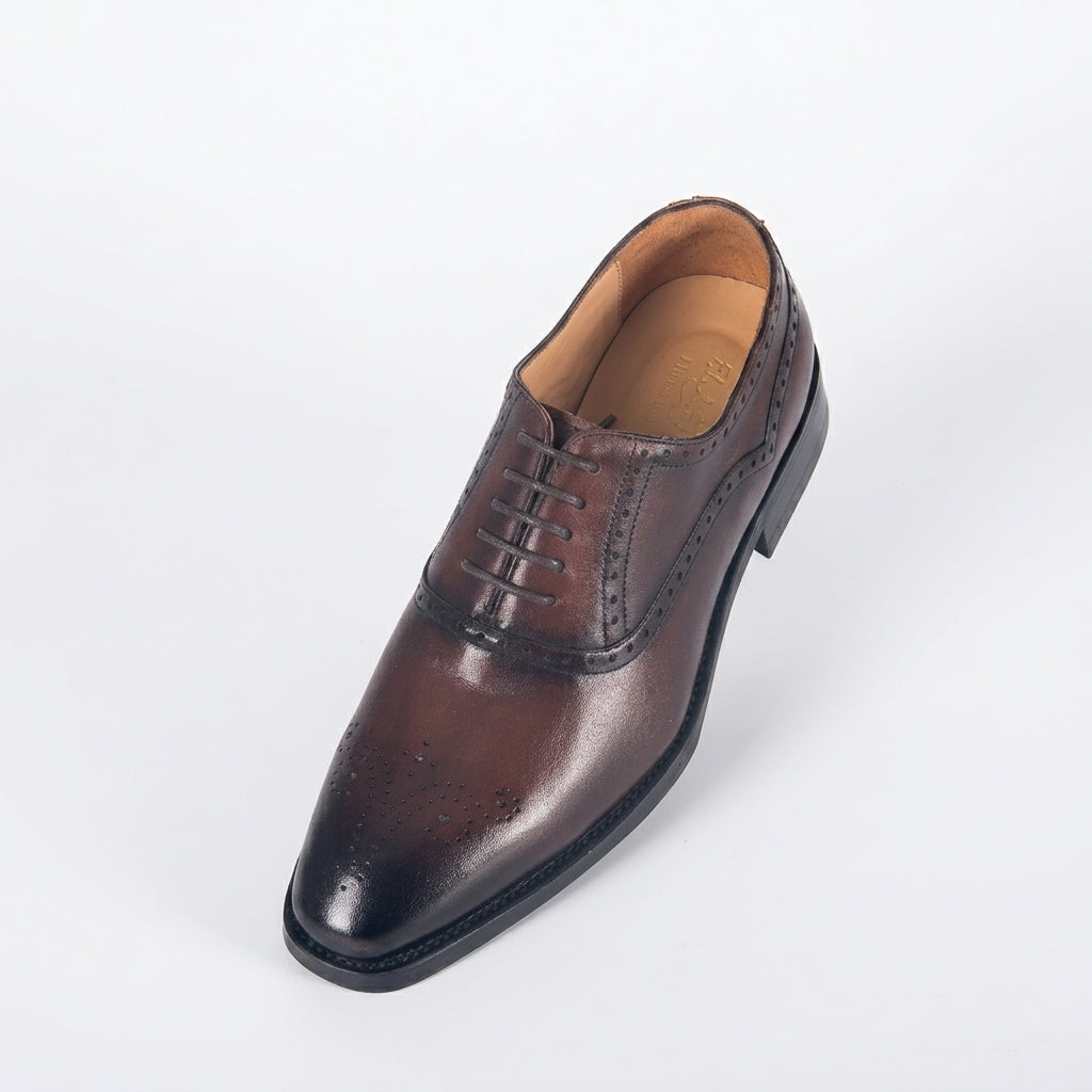 Premium Men's Hand-Burnished Patina Brown Semi-Brogue Oxford Dress Shoes