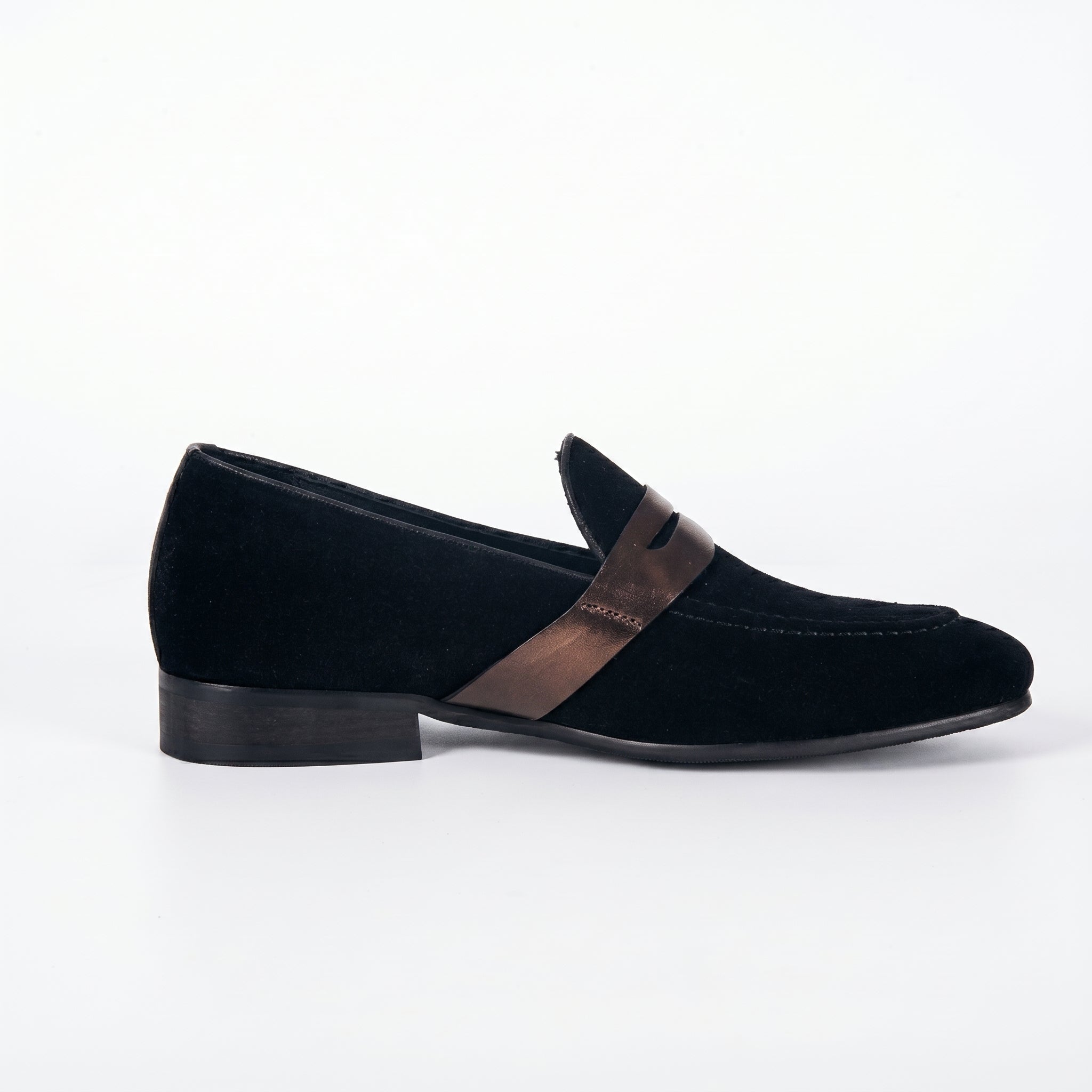 Men's Black Suede Penny Loafers | Contrast Leather Strap