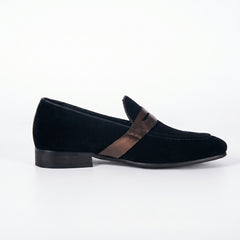 Men's Black Suede Penny Loafers | Contrast Leather Strap
