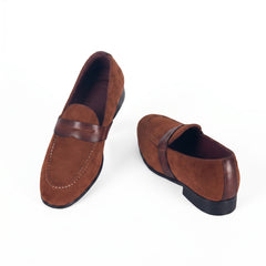 Men's Cognac Suede Penny Loafers | Contrast Leather Strap & Stitching