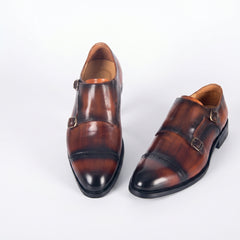Men's Burnished Brown Leather Double Monk Strap Shoes | Cap Toe Brogue