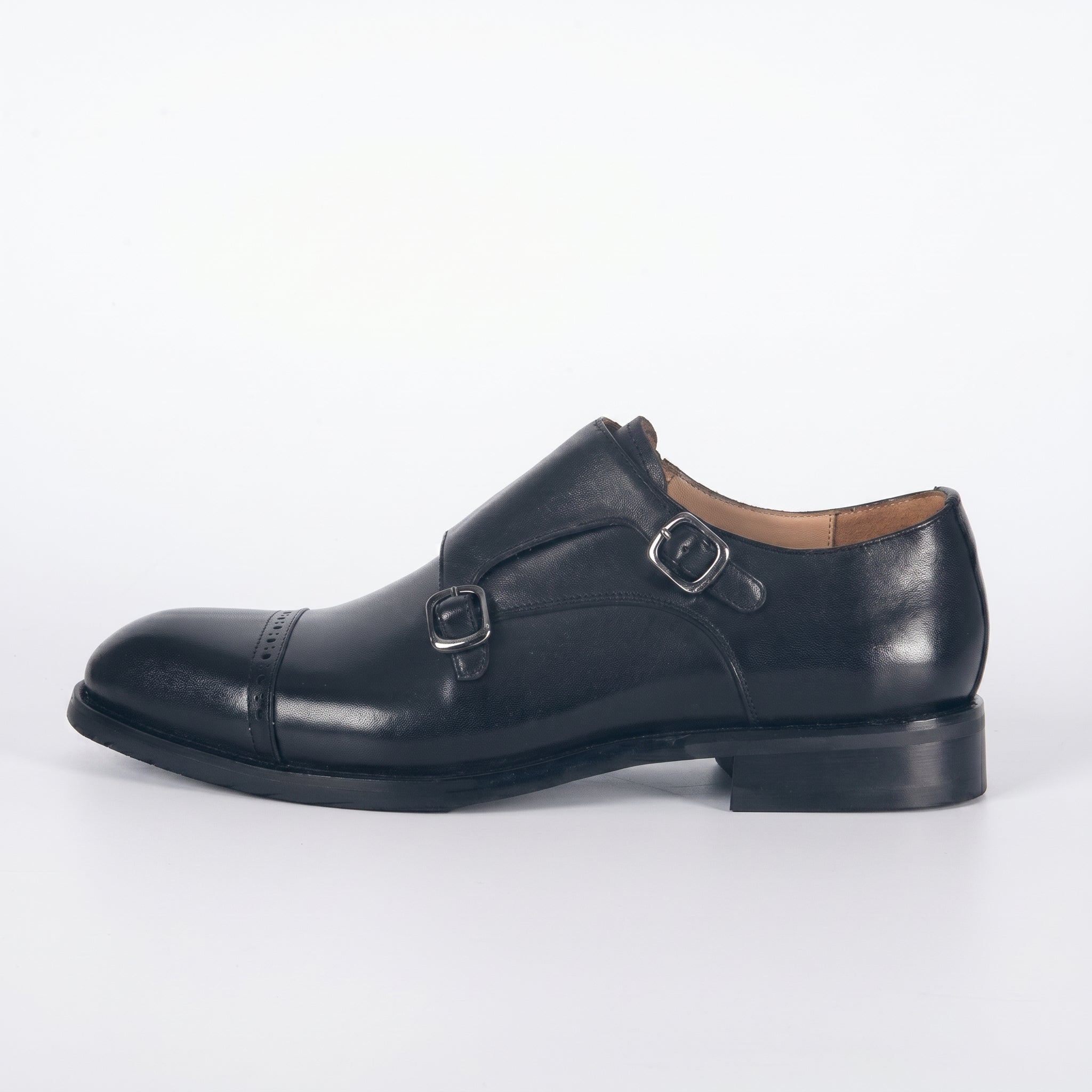 Men's Classic Black Leather Double Monk Strap Dress Shoes | Cap Toe