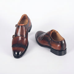 Men's Burnished Brown Leather Double Monk Strap Shoes | Cap Toe Brogue