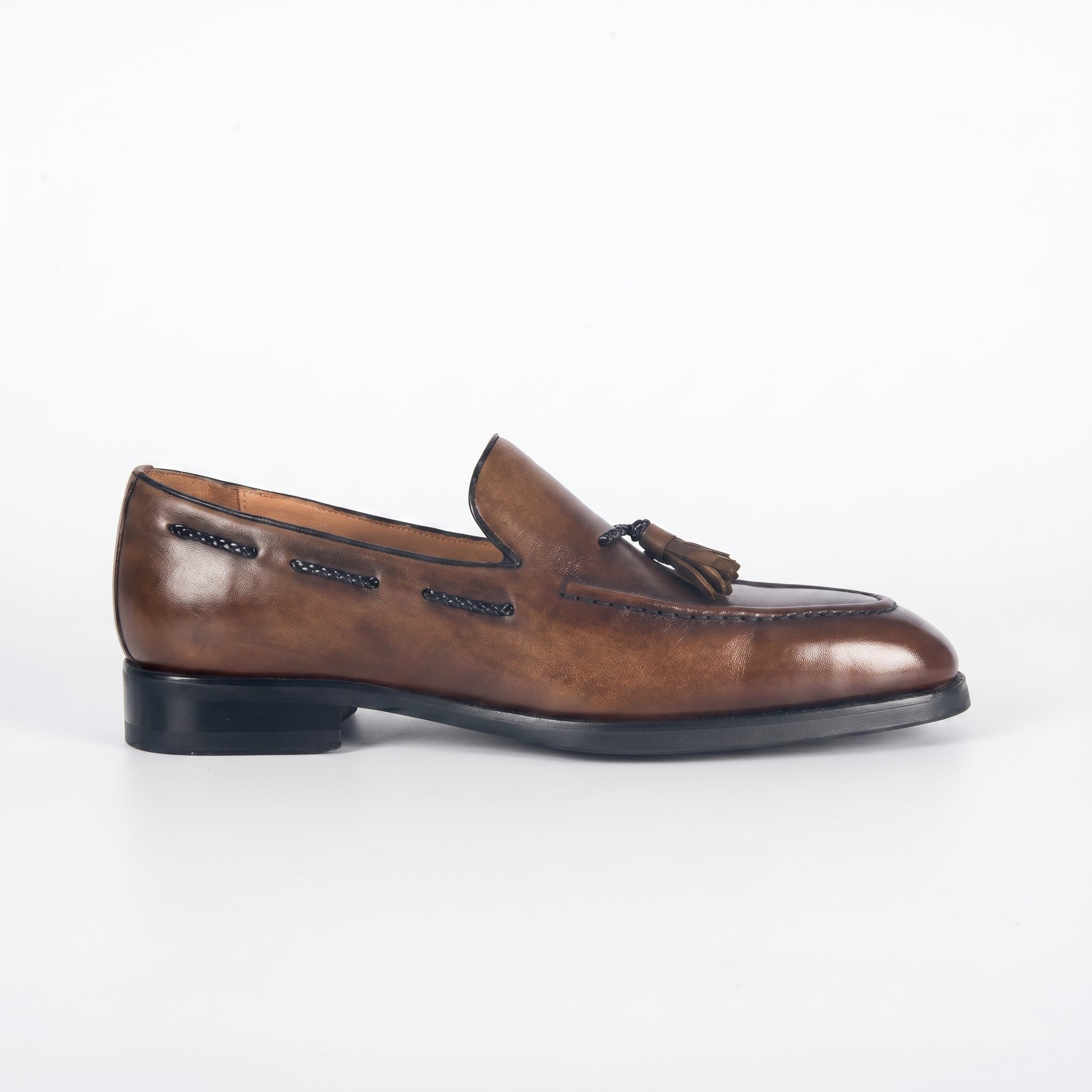 Classic Men's Burnished Leather Tassel Loafer | Antique Brown