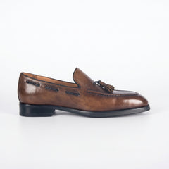 Classic Men's Burnished Leather Tassel Loafer | Antique Brown