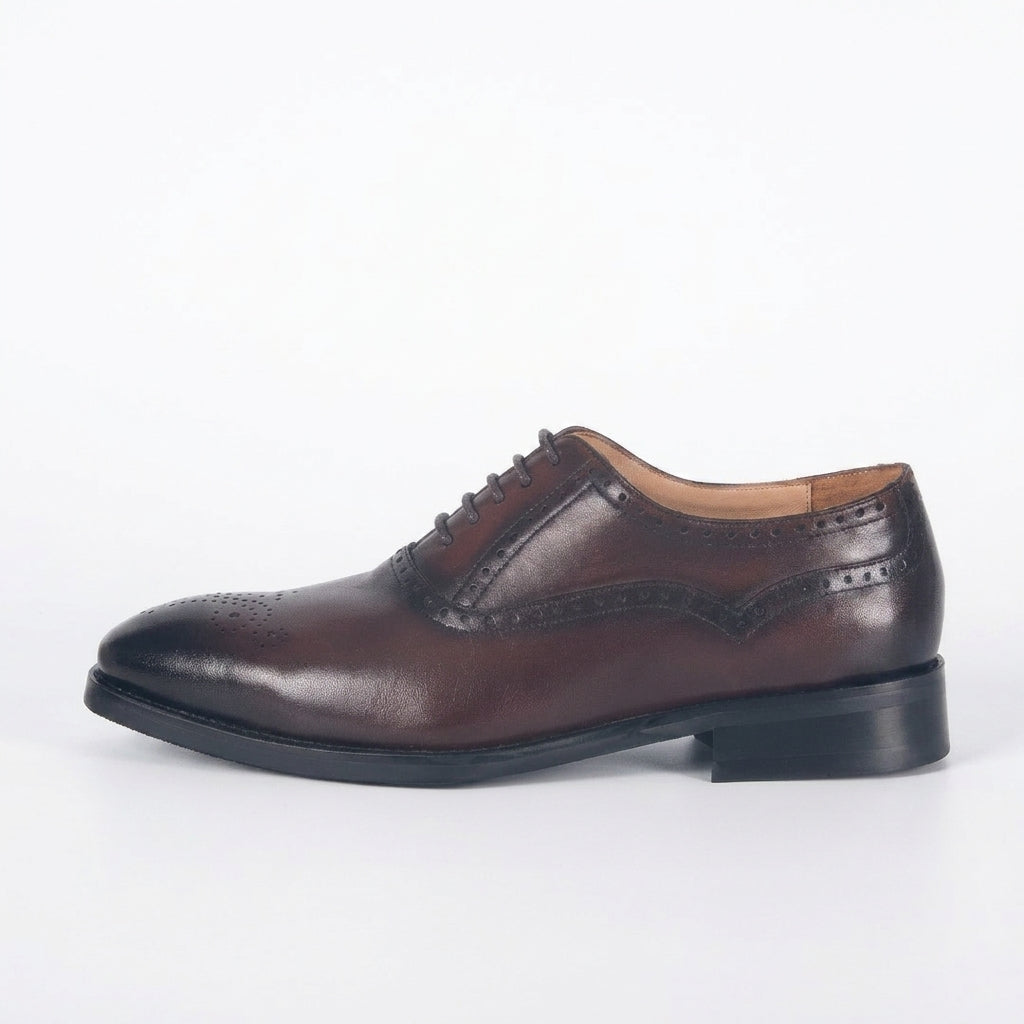 Premium Men's Hand-Burnished Patina Brown Semi-Brogue Oxford Dress Shoes