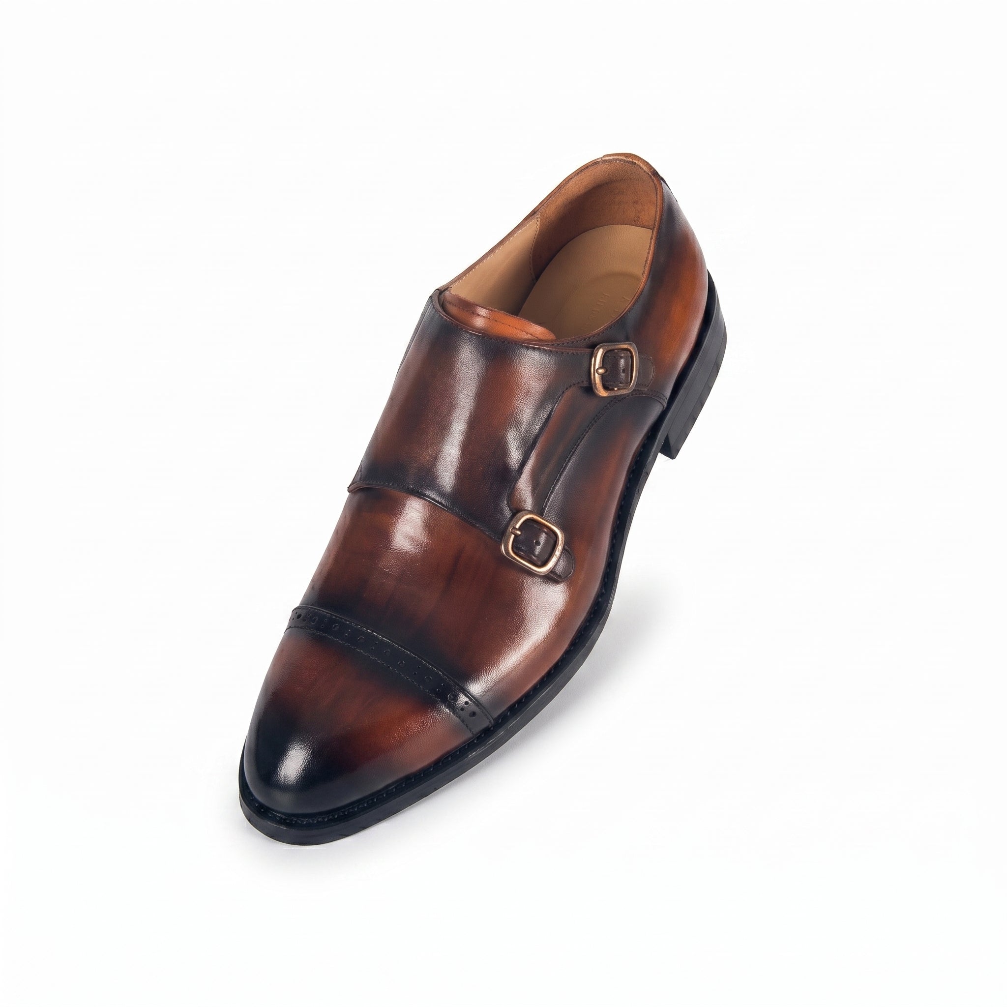 Men's Burnished Brown Leather Double Monk Strap Shoes | Cap Toe Brogue